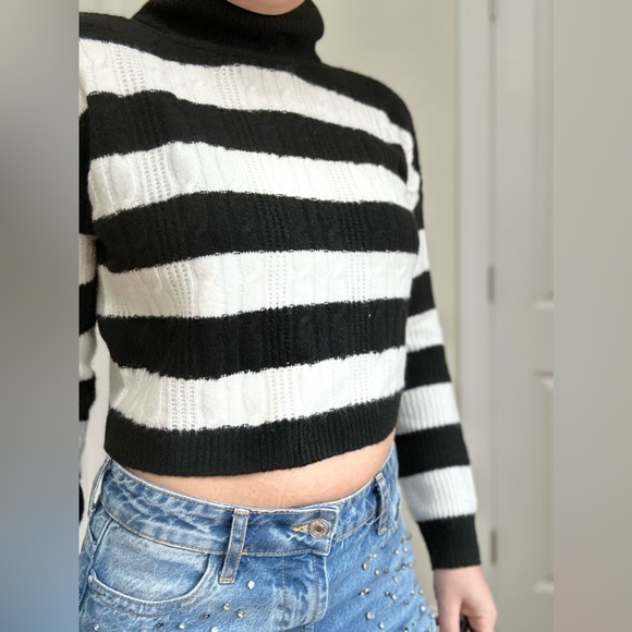 Turtle Neck Cable Knit Cropped Stripe Sweater - Picture 8 of 9